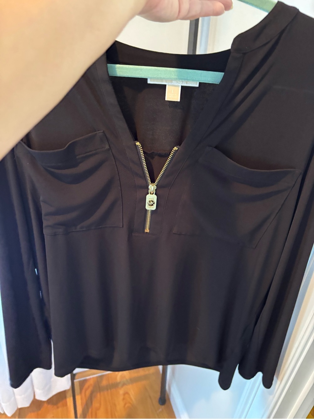 Michael Kors Black Long Sleeve V-Neck Top with Gold Zip